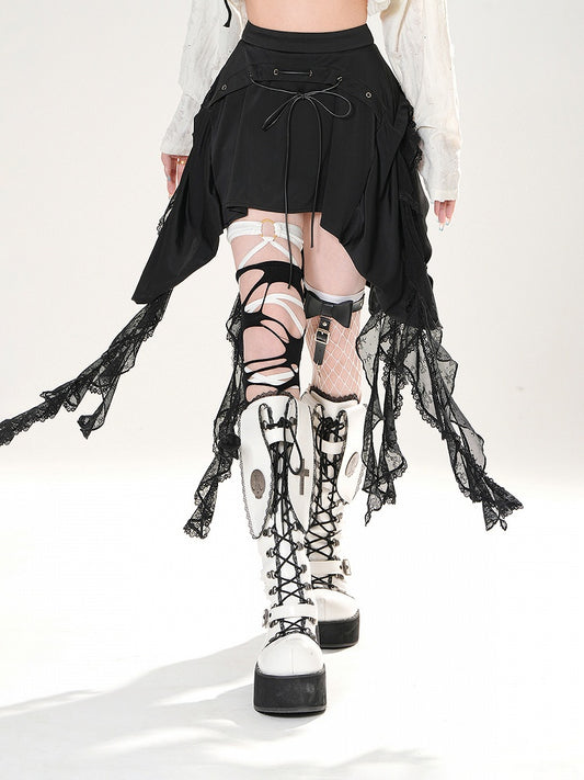 Black Lace-up Detail Cascading Lace Ruffles Skirt