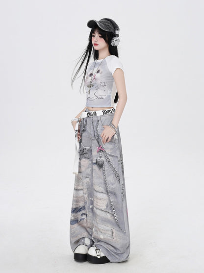 Grey Low Waist Distressed Holes and Chains 3D Print Wide-Leg Casual Pants