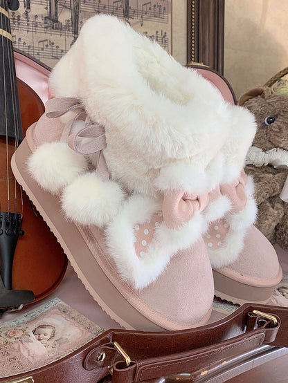 Pink Sweet Lolita Winter Platform Boots - Plush Polka Dot Rabbit Ears, Cozy Lining & Self-Tie Pompom Straps
