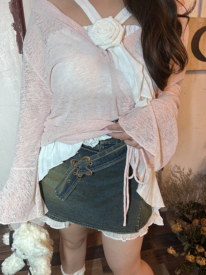 Plus Size Blue Butterfly Buckle Denim Skort