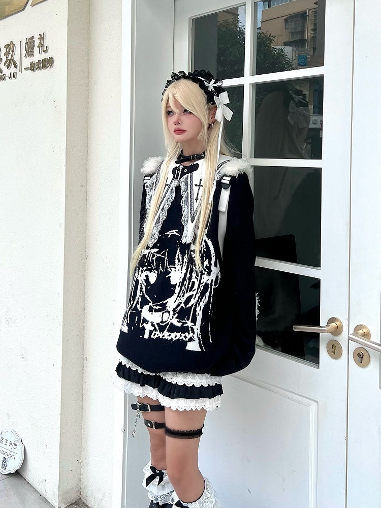 Black Jira Kei Sweater with Manga Girl Design