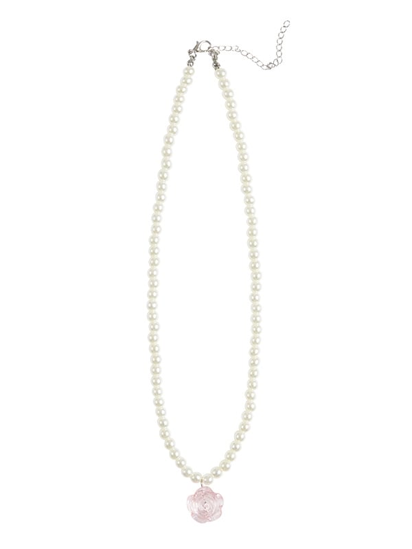 Pink Rose Pendant White Beaded Necklace