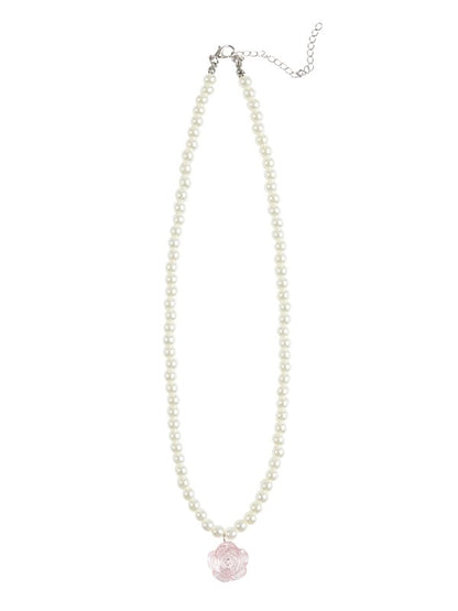 Pink Rose Pendant White Beaded Necklace