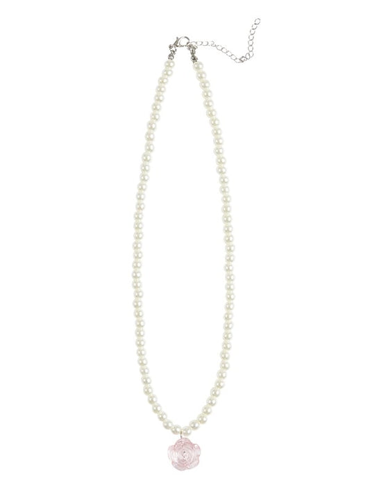 Pink Rose Pendant White Beaded Necklace