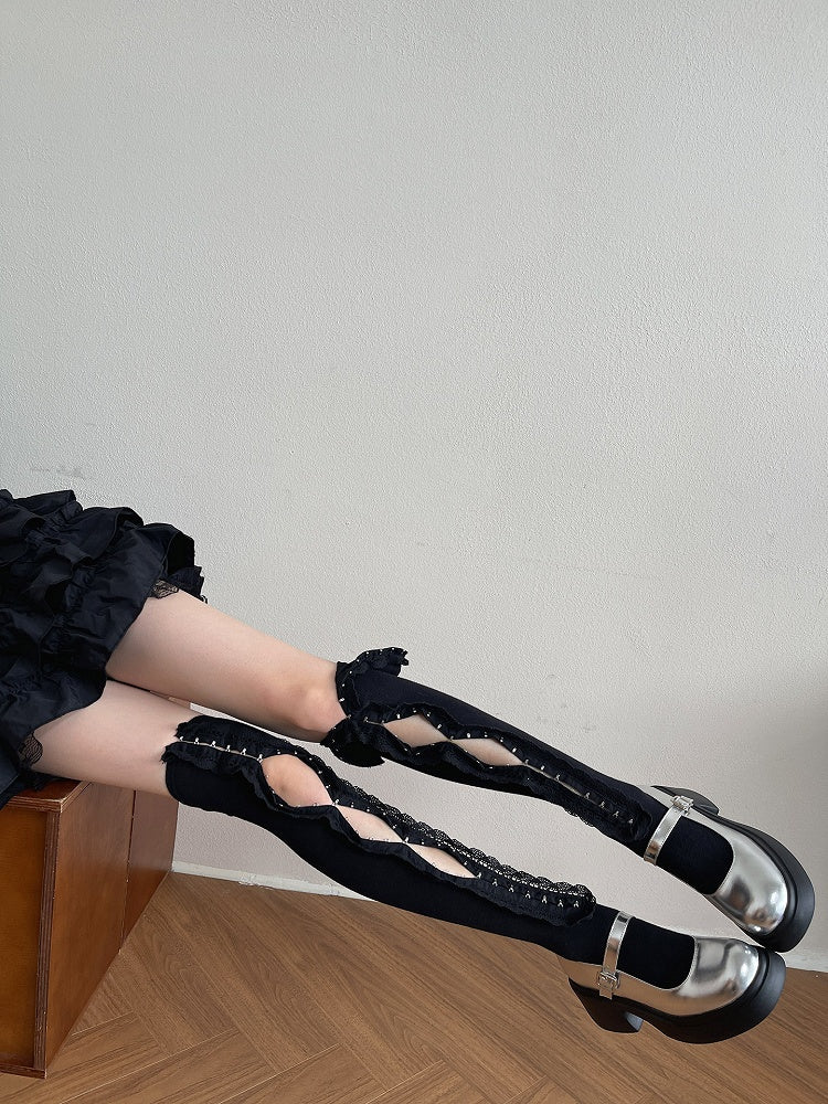 White/Black Ruffle Trim Overknee Stockings