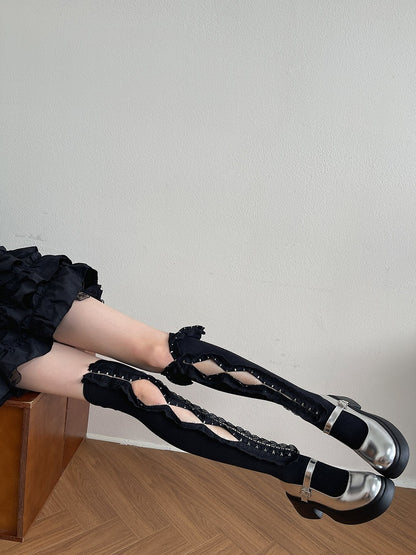 White/Black Ruffle Trim Overknee Stockings