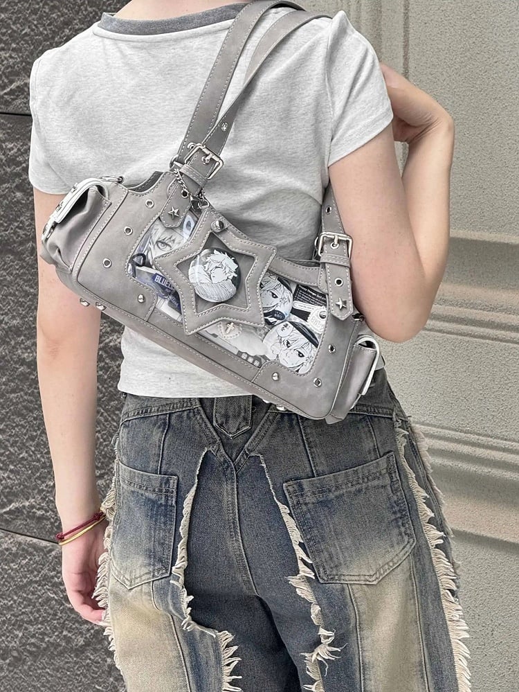 Gray PU Y2K Shoulder Ita Bag With Star Charm