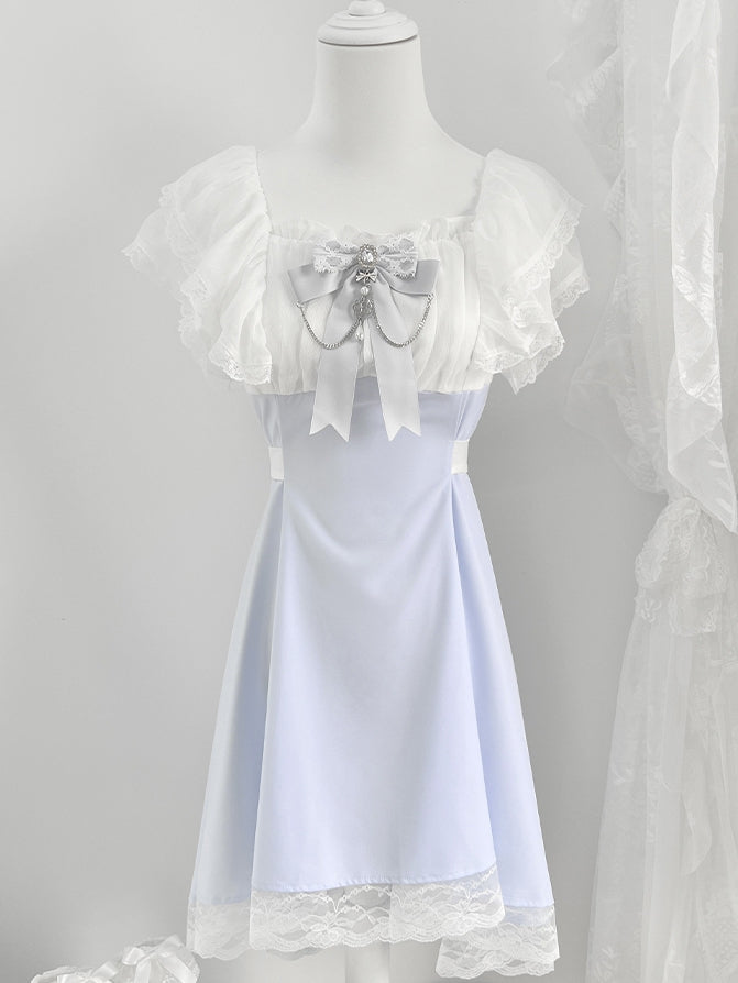 Jirai Kei Light Blue High Waist Lace Trim Dress with Chains Decorated Bowtie