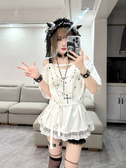 White Off-the-shoulder Neckline Cross Chains Print Lace Trim T-shirt Self-tie Straps at Waist