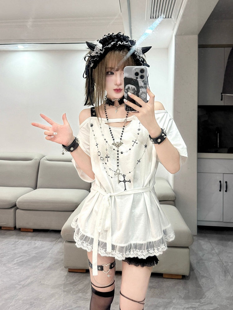 White Off-the-shoulder Neckline Cross Chains Print Lace Trim T-shirt Self-tie Straps at Waist