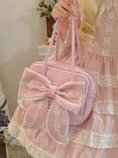 Pink Lace Trim Bowknot Design Hand Bag