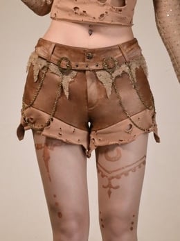 Brown Distressed Low Waist Wasteland Punk Shorts with Chain Accents