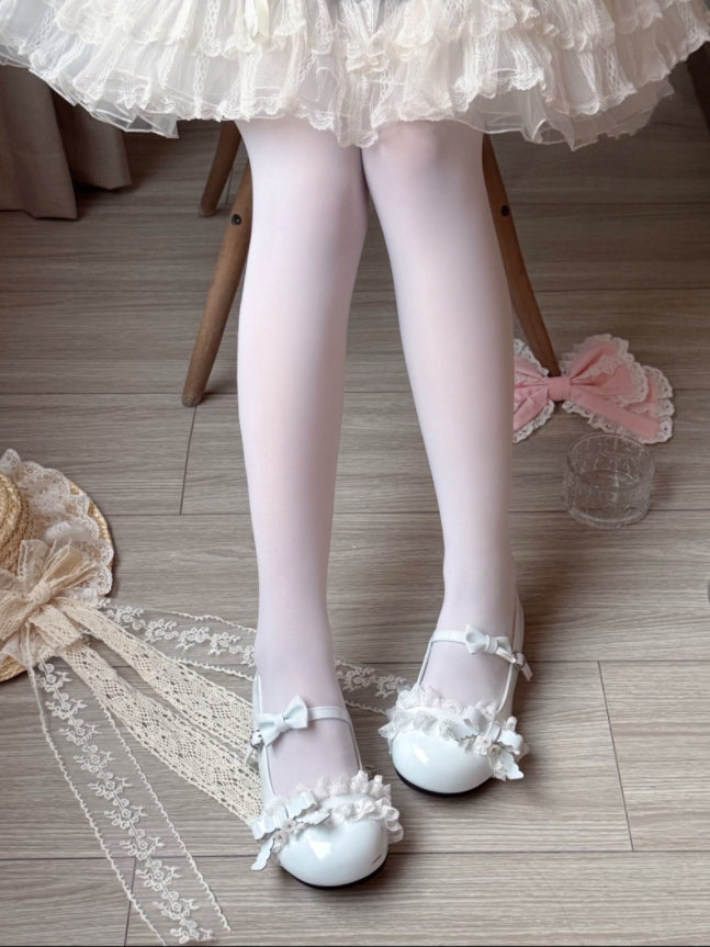 Flat Sweet Style Baby Blue Mary Janes - Ruffled Lace, Bow Decor and Heart-Shaped Snap Closure