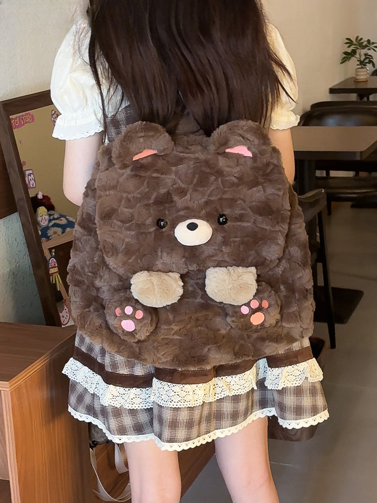 Brown Cute Bear Plush Flap Backpack Bag Middle/Large Size