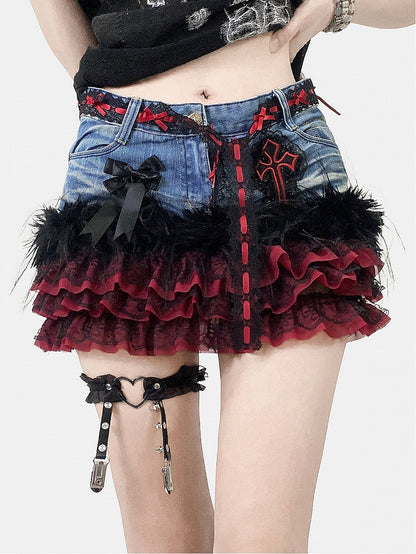 Blue Y2K Contrast Lace Patches Tiered Skirt