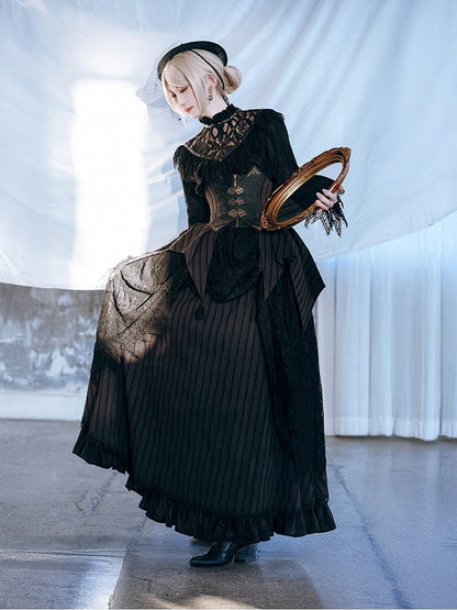 Gothic Black Lace Overlay Striped Skirt And Handkerchief Hem Train Set