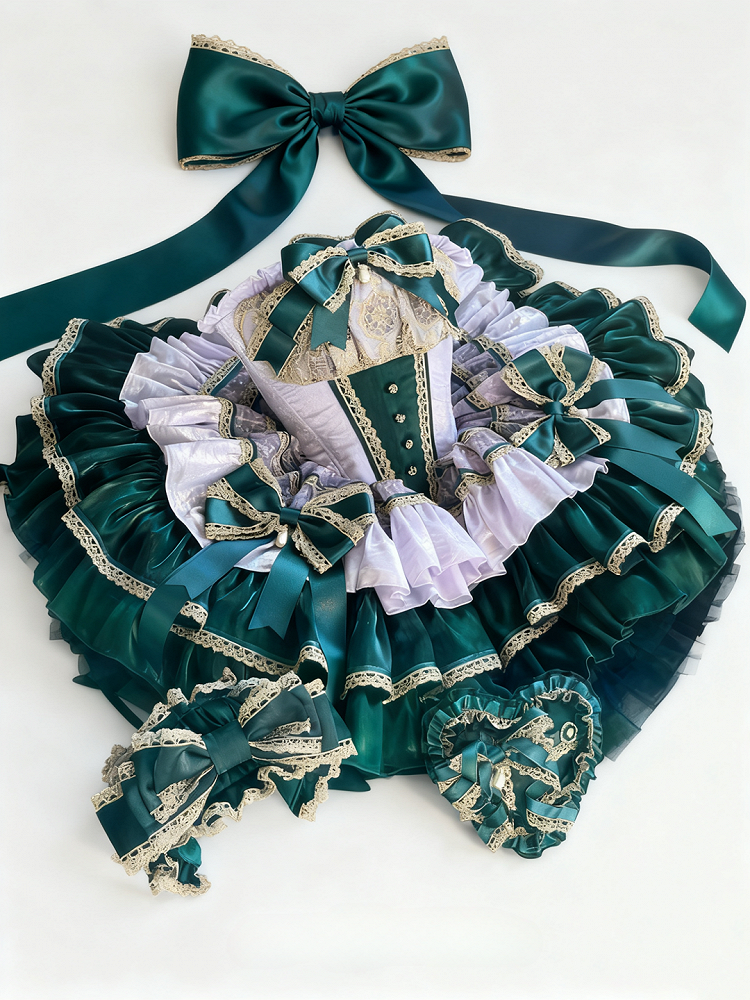 Green and Light Purple Layers Puffy Lolita Dress with Gold Lace Trim and Bow Accents