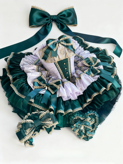 Green and Light Purple Layers Puffy Lolita Dress with Gold Lace Trim and Bow Accents