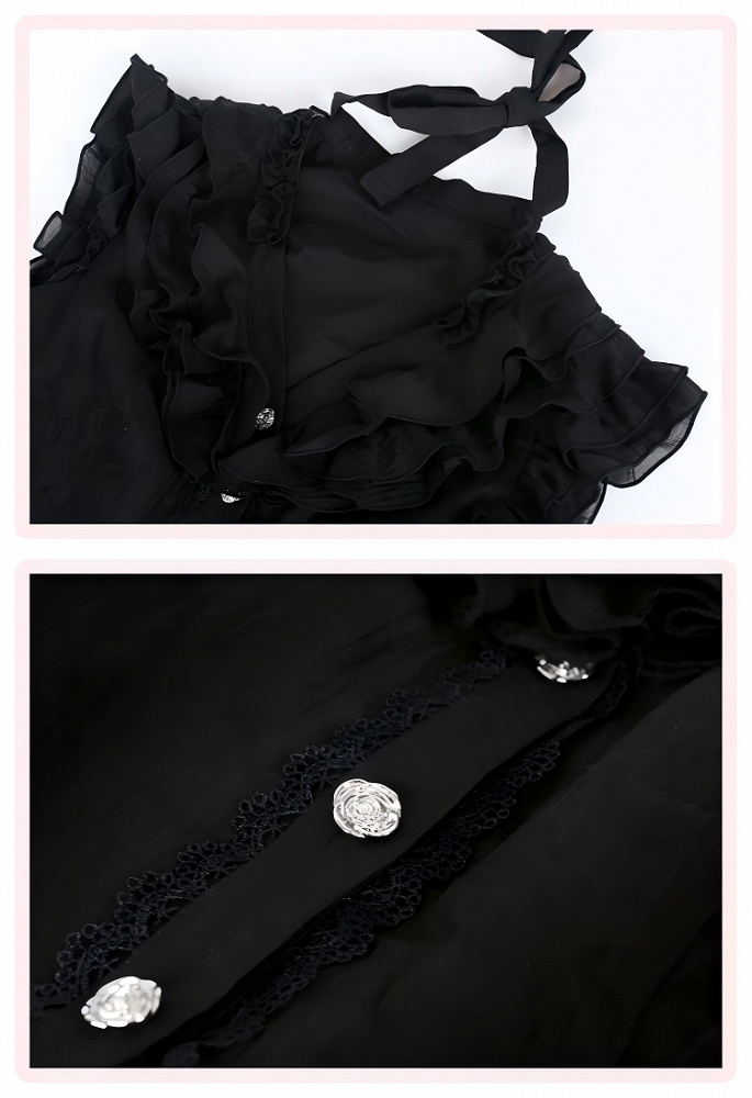 Black Semi-Sheer V-Neck Blouse with Tiered Flutter Sleeves