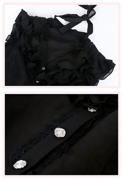 Black Semi-Sheer V-Neck Blouse with Tiered Flutter Sleeves