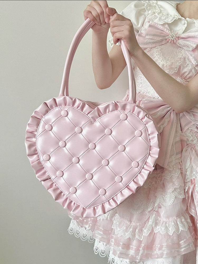 Pink Ruffle Trim Quilted Heart Bag – Elegant Lolita Style Handheld Purse