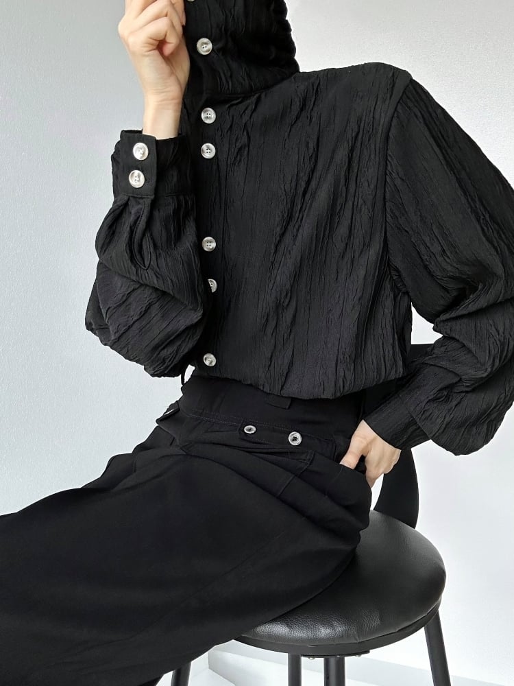 Ouji Lolita Black Textured Long Sleeve Shirt with Button Cuffs & Mandarin Collar