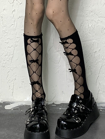 Black Bowknot Cut-out Design Under-knee Stockings