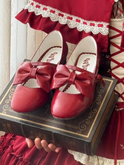 PU Red Elegant Lolita Mary Janes - Mid Heel with Bow Accents & Heart Buckle