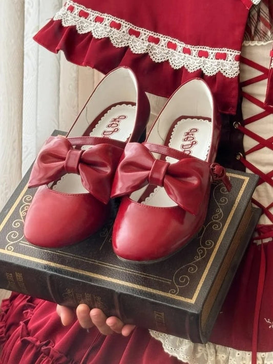 PU Red Elegant Lolita Mary Janes - Mid Heel with Bow Accents & Heart Buckle