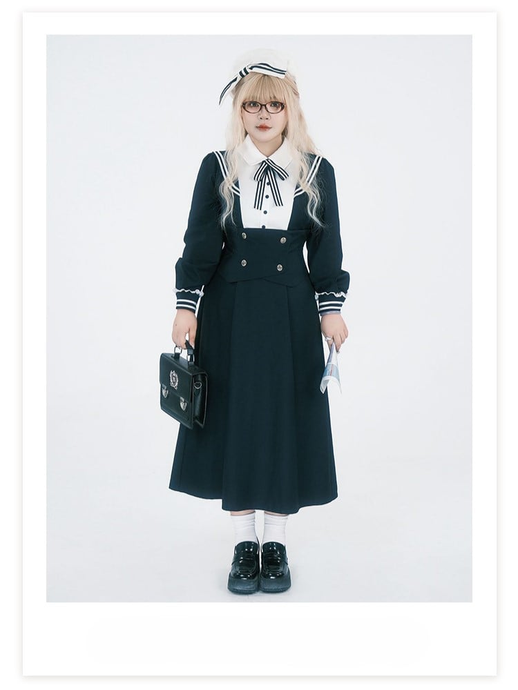 Plus Size JK Uniform Preppy Black Faux Two-Piece Midi Dress with Sailor Collar & Striped Accents