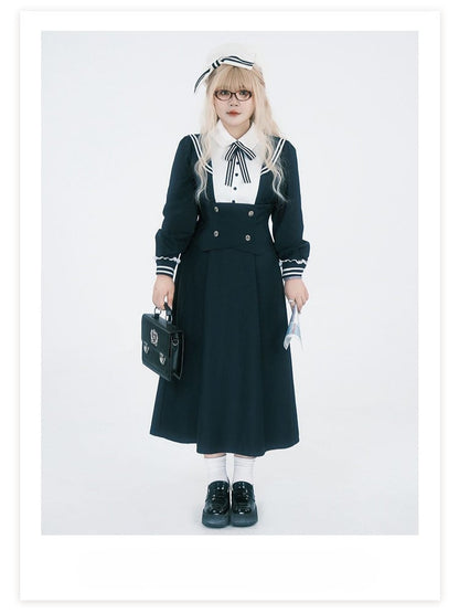 Plus Size JK Uniform Preppy Black Faux Two-Piece Midi Dress with Sailor Collar & Striped Accents
