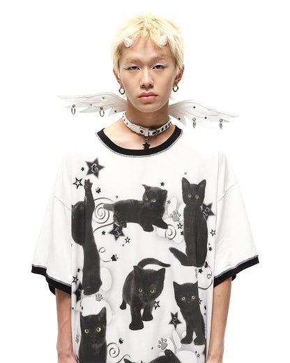 Black/White Angel Wings Stud Details PU Buckle Strap Choker