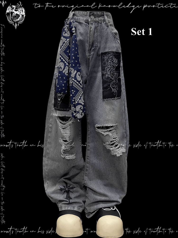 Blue Distressed Holes Skeleton Applique Punk Wide-leg Jeans