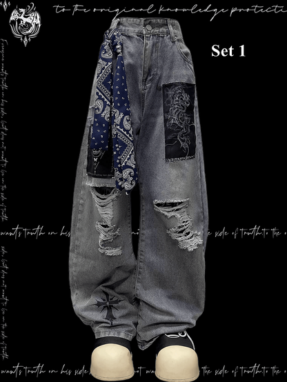 Blue Distressed Holes Skeleton Applique Punk Wide-leg Jeans