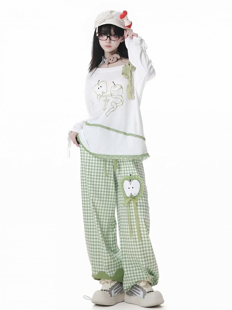 Green Apple Print Drawstring Cuffs White Asymmetrical Neckline Coverup