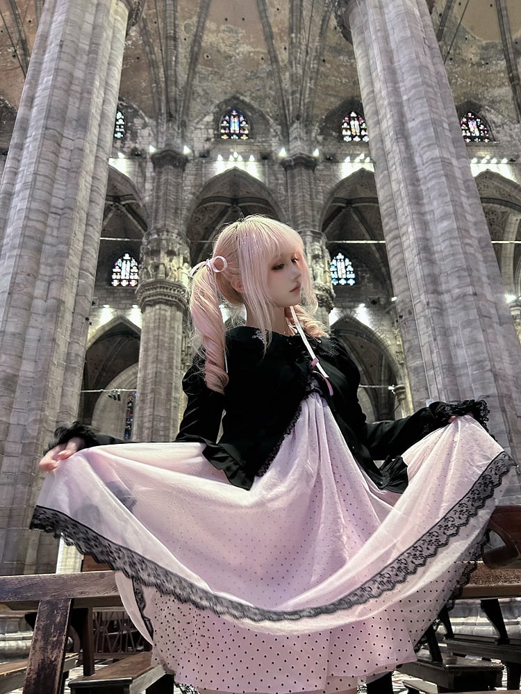 Gyaru Fashion Pink and Black Polka-dot Pattern Lace Trim Self-tie Halter Neck Slip Dress