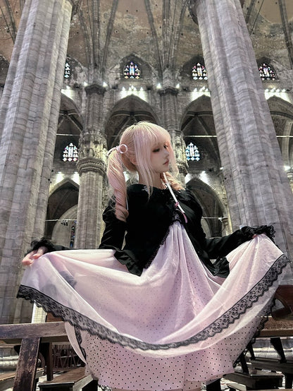 Gyaru Fashion Pink and Black Polka-dot Pattern Lace Trim Self-tie Halter Neck Slip Dress