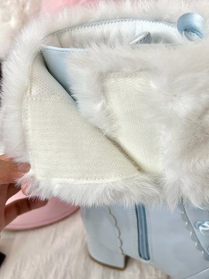 White Sweet Lolita Mid-Calf Boots - Detachable Bow Accents & Lace Fastening