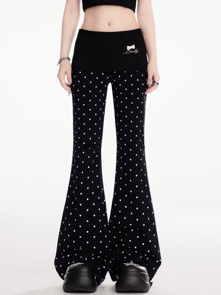 Black Polka Dot Elastic Waist Slim-fitting Flared Casual Pants