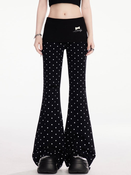 Black Polka Dot Elastic Waist Slim-fitting Flared Casual Pants