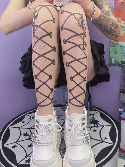 Nude Y2K Lace-up Straps Print Tights