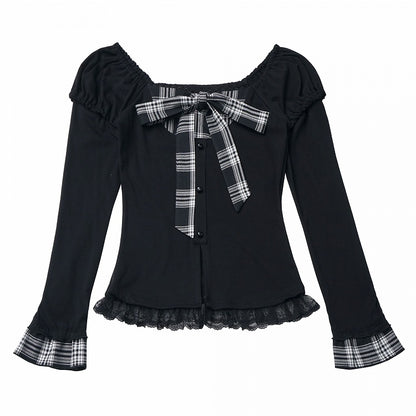 Subculture Fashion Black Faux Two-Piece Top with Plaid Bowknot and Lace Trim