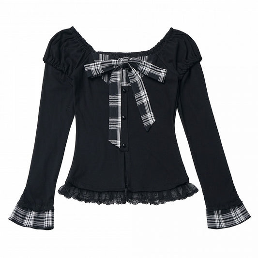 Subculture Fashion Black Faux Two-Piece Top with Plaid Bowknot and Lace Trim