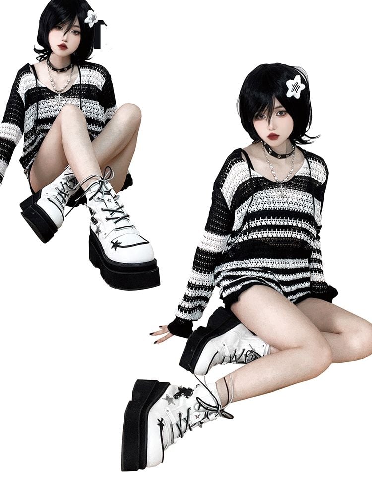 Star Appliques Punk White Denim Platform Ankle Boots