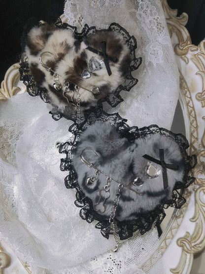 4 Color Options Lace Trim Tiger Spot Pattern Plush Heart Hairclip