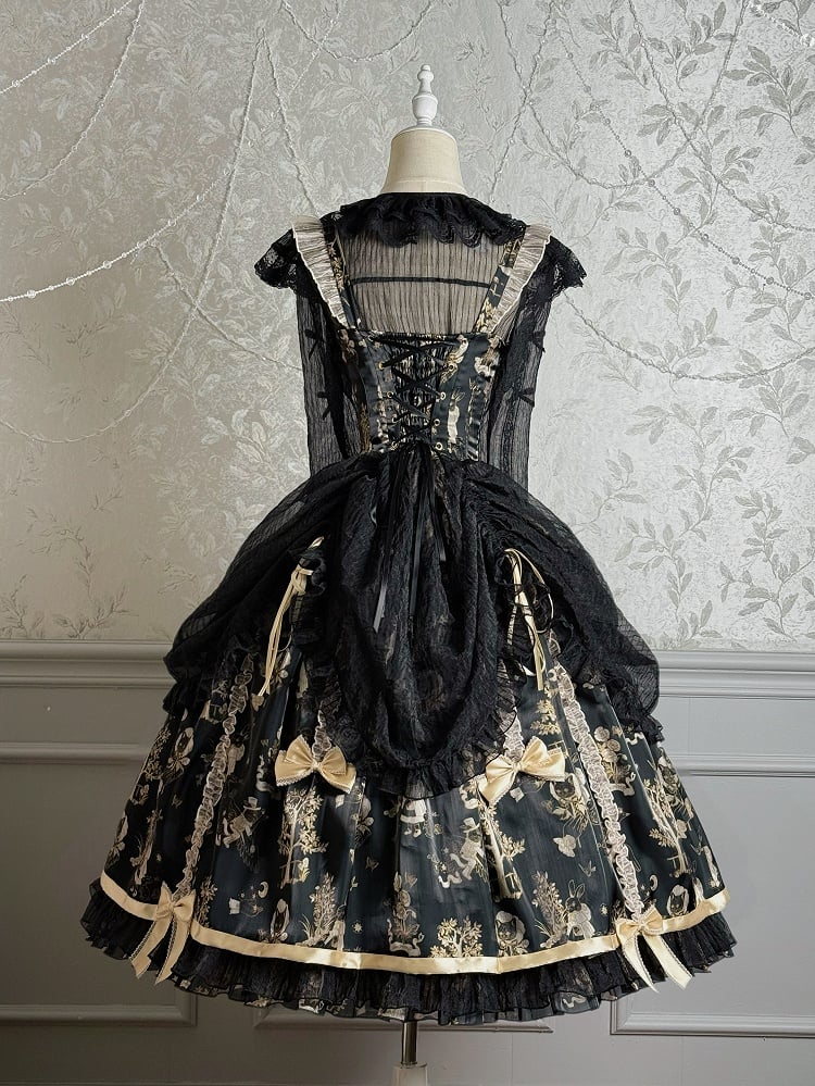 Black and Gold Corset Waist Drawstring Overlay Skirt Lolita Jumper Skirt