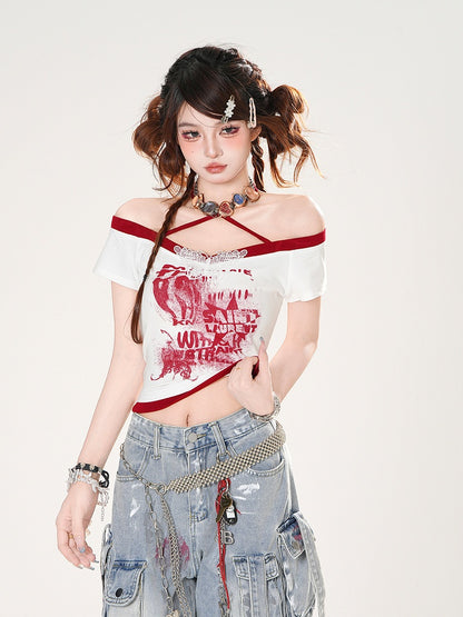 Off-the-shoulder Neckline Butterfly Applique Red/White/Gray Halter Neck T-shirt