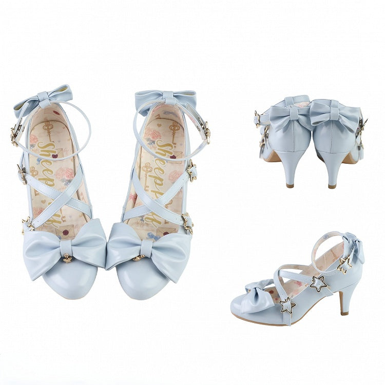 Blue Bow at Top Star Buckle Straps High Heels