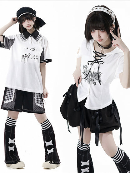 Double Layered Polo Collar Graffiti Panda Print White Waffle T-shirt
