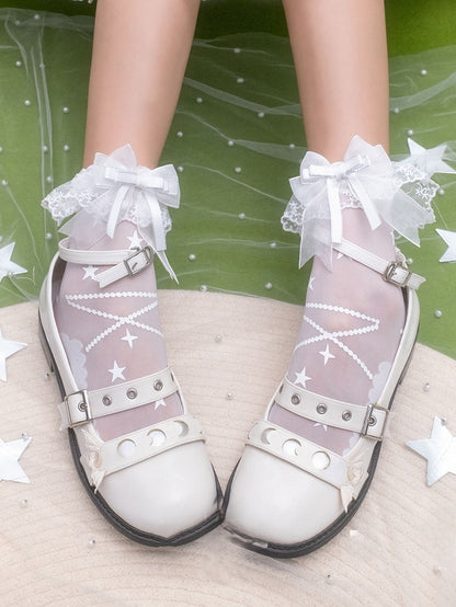 White Star Print Lace Trim Sweet Ankle Socks